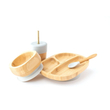 Kép 1/4 - Eco Rascals Gyermek bambusz tányér, edényke kanállal, szívószálas pohár szürke színben ajándék szett