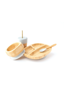 Eco Rascals Gyermek bambusz tányér, edényke kanállal, szívószálas pohár szürke színben ajándék szett